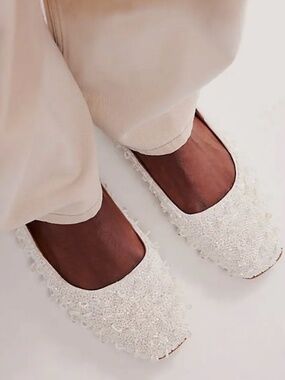Free People 'Weekends Out' Embellished Flats in White Bead (RUN LARGE)